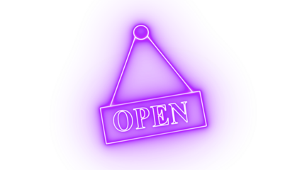 Purple neon sign with the word open hanging isolated on transparent background