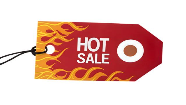 Red sale tag with fiery flames design and text hot sale isolated on transparent background