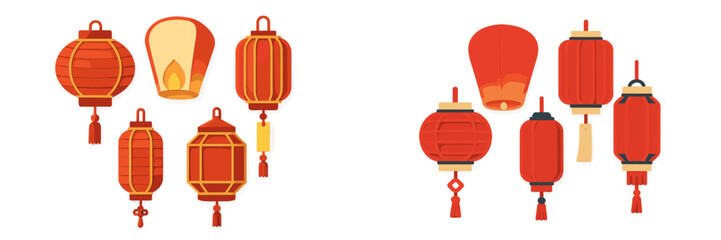 Colorful decorative lanterns in various shapes and styles for festive celebrations