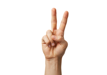 Hand displaying the peace sign against a white backdrop, symbolizing hope and positivity in a simple and clean composition.