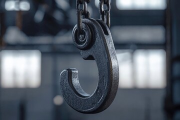 A large, black metal hook hangs suspended by chains, ready for heavy lifting and industrial applications in a factory setting.