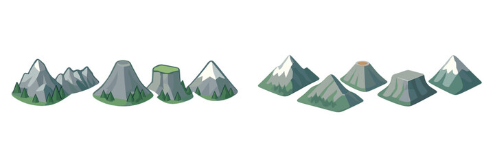 Mountain range with various peaks and volcanic formations in a scenic illustration of nature's beauty