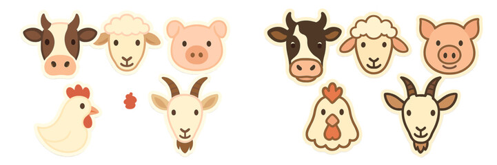 Fototapeta premium Cute cartoon farm animal faces with cheerful expressions suitable for children's art and educational resources