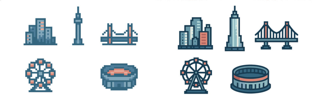 Colorful pixel art of famous landmarks and structures from around the world during a sunny day