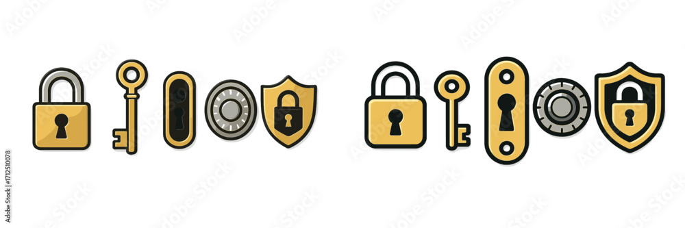 Poster various security icons including locks, keys, and shields designed in a flat style for digital usage