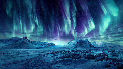 Naklejka premium Aurora borealis over a snowy plain