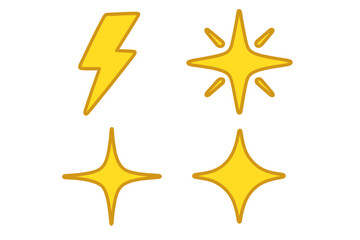 Lightning bolt and stars icon set. Yellow sparkle, twinkle, flash symbols. Cartoon vector illustration. Magic, power, energy, clean effect. Cute glitter sticker collection.