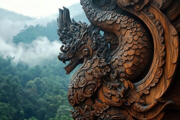 Naklejka premium A detailed wooden carving of a mythical dragon stands proudly against a misty mountain backdrop, showcasing intricate craftsmanship and natural beauty.