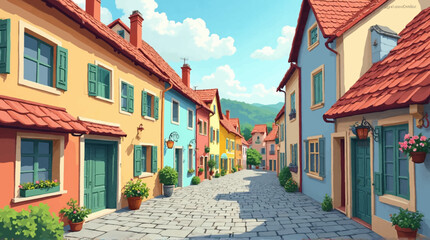 Colorful European street scene with vibrant buildings, red tiled roofs, and a cobblestone road under a partly cloudy sky.