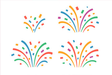 Obraz premium Colorful confetti burst vector icon set. Party popper explosion effect. Flat cartoon design for celebration, birthday, anniversary, new year. Isolated festive surprise element.