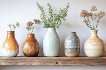 A row of five ceramic vases, each holding different flowers and foliage, sits on a rustic wooden shelf against a white wall.