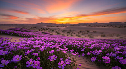 Obraz premium Purple Flowers Blooming in Desert at Sunset - Scenic Landscape