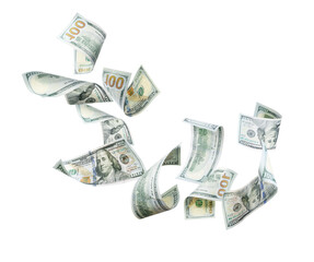 Money. Dollar bills flying against white background