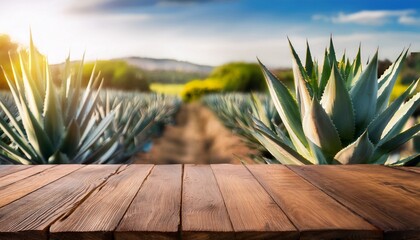 close up of rustic empty wooden table with blurred mexican agave field farm background