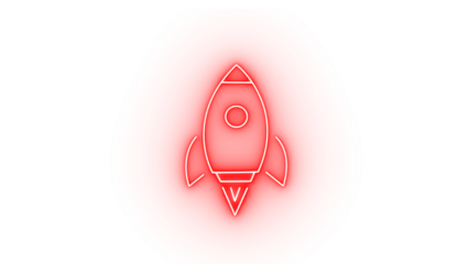 Red neon rocket ship icon isolated on transparent background, symbolizing space travel and exploration
