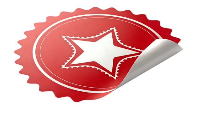 A vibrant red starburst sticker with a peeling corner showcasing a white star emblem isolated on transparent background