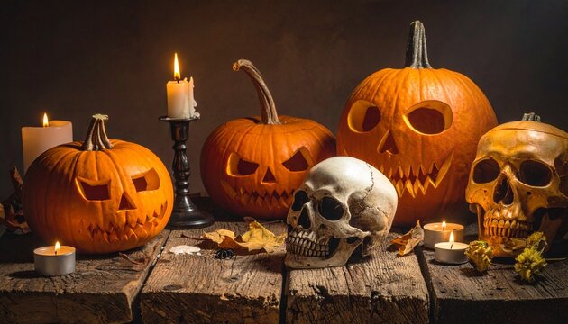 A Halloween still life with glowing jack-o'-lantern, human skull, lit candles, autumn leaves, and dark wood&mdash;evokes crafted eeriness, symbolic passage, and the rhythm of festive mystery and ritual deca