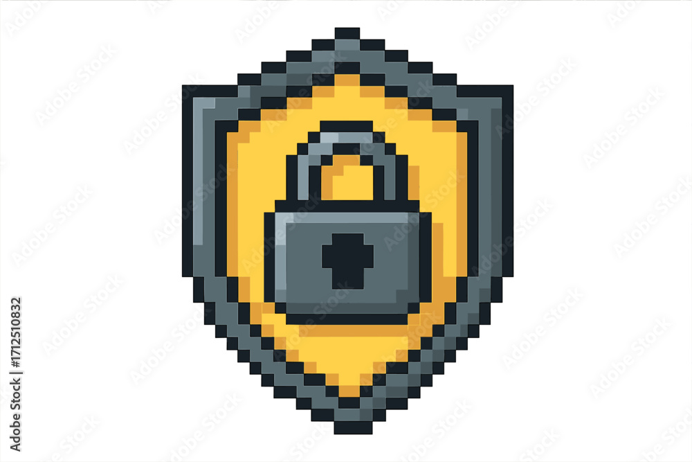 Poster pixel art shield with lock icon. 8-bit game asset for security and protection. vector illustration o