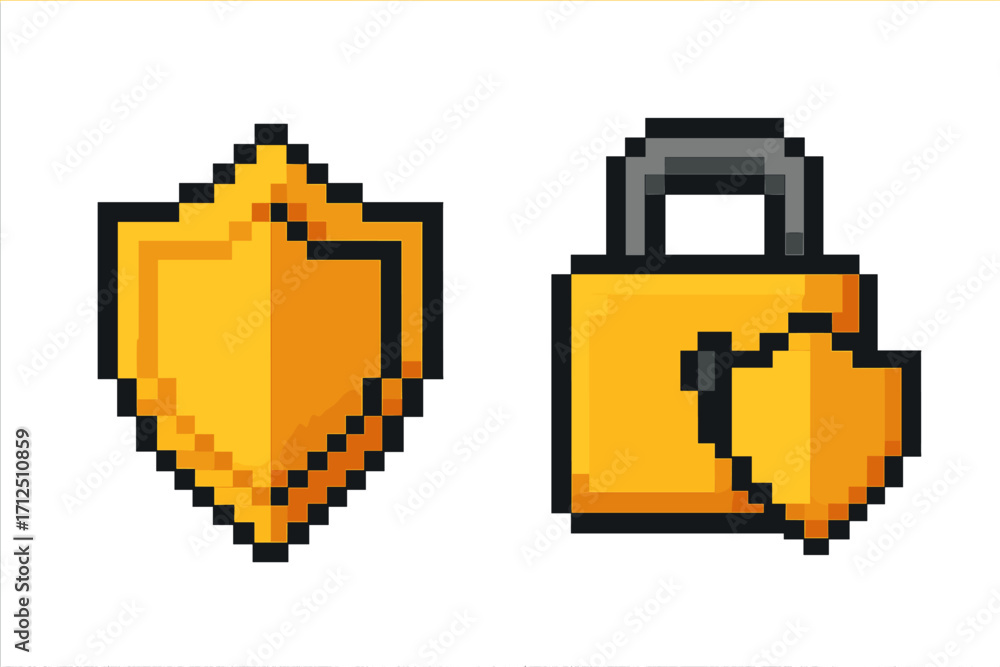 Aufkleber pixel art security icon set. vector 8-bit shield and padlock symbols. retro video game style digital