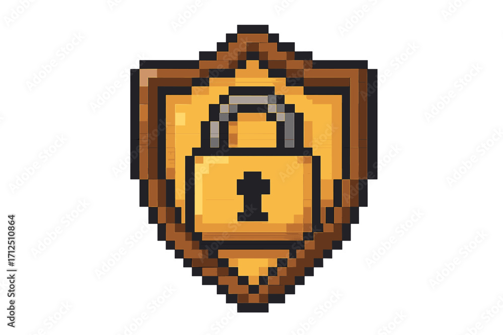 Poster pixel art shield with lock icon for game asset. 8-bit security symbol. vector illustration of protec