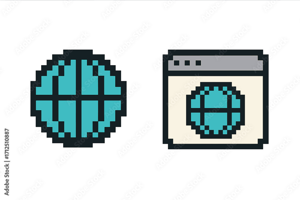 Poster pixel art web browser and internet globe icon set. 8-bit retro style vector illustration. digital te