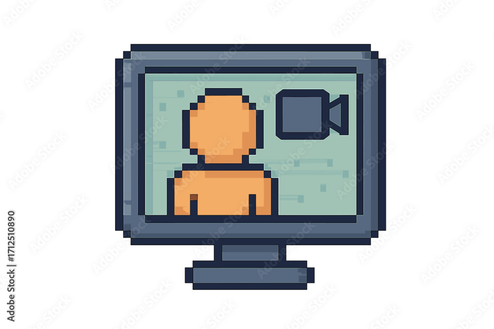 Poster video conference call pixel art icon. online meeting, webinar, or remote work concept. 8-bit retro s