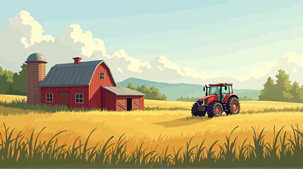 A red barn and tractor sit in a golden field under a blue sky with distant mountains.