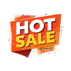 A vibrant orange and yellow sale banner with text "HOT SALE" and discount percentages.