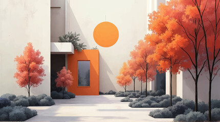 Modern architectural design with vibrant autumnal trees and a bright orange door.