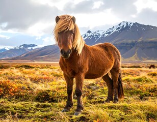 Icelandic horse in autumn meadow