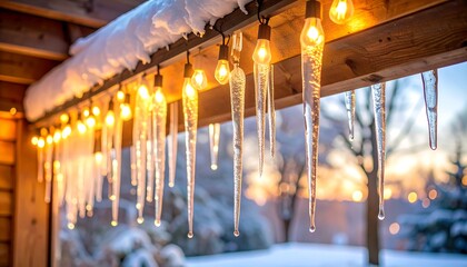 Icicles and string lights on a snowy porch