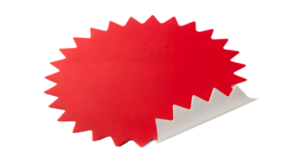 A bright red starburst sticker with a peeling corner showing a white backing isolated on transparent background
