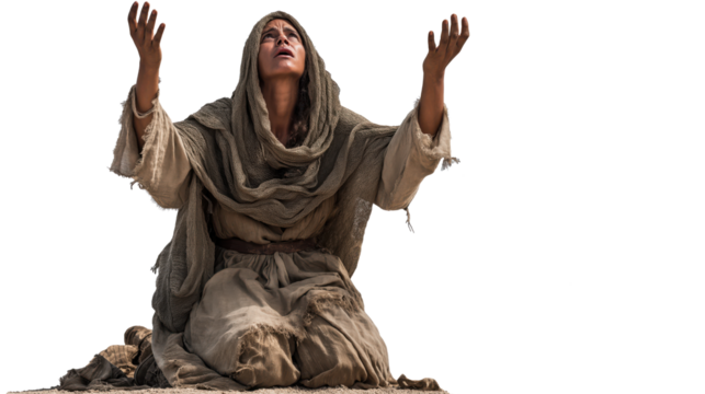 Canaanite woman full body on transparent background, desperate biblical mother kneeling with raised hands in pleading prayer, isolated New Testament figure PNG. - Powered by Adobe