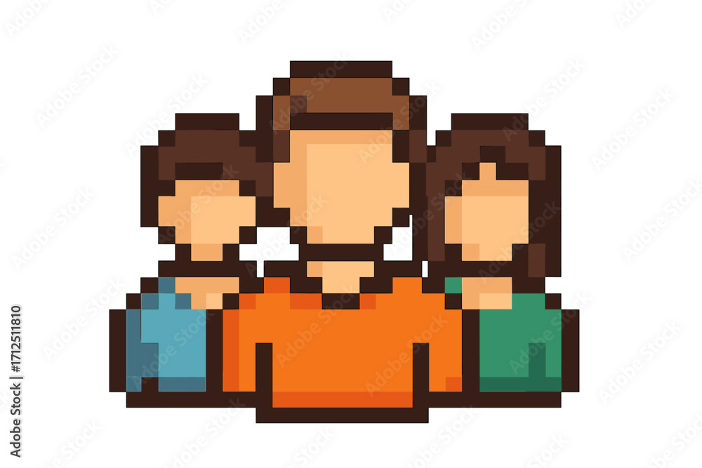 Poster pixel art family icon. 8-bit retro video game style people group. team or community symbol. user ava