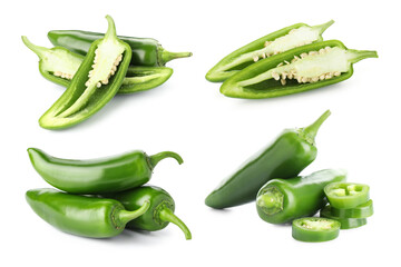 Fresh green jalapeno peppers isolated on white, set