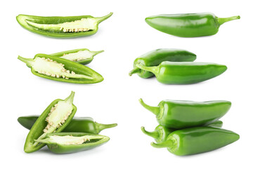 Fresh green jalapeno peppers isolated on white, set