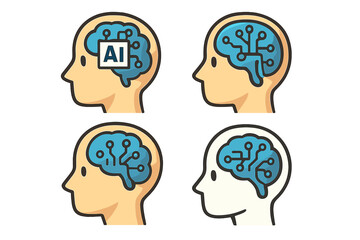 Artificial intelligence head icon set. Cartoon vector illustration of a human brain as a computer circuit board. AI, machine learning, and cyborg technology symbol.
