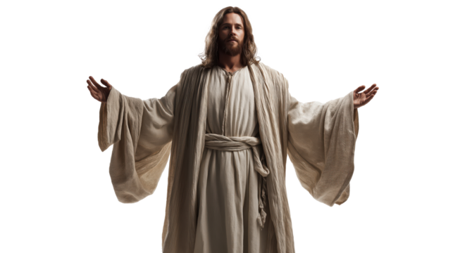 Righteous man full body on transparent background, biblical figure standing with open hands in compassion, isolated New Testament character PNG.