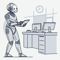 Robot holding a tablet in an office with computers