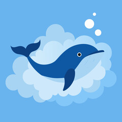 Fototapeta premium Cartoon Blue Whale Illustration with Fish in Mouth