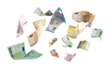 Money (euro bills) flying in air against white background