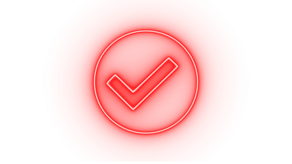 Red neon check mark inside a circle, isolated on transparent background