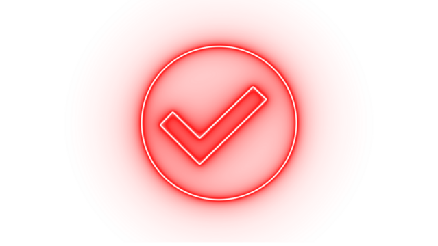 Red neon check mark inside a circle, isolated on transparent background