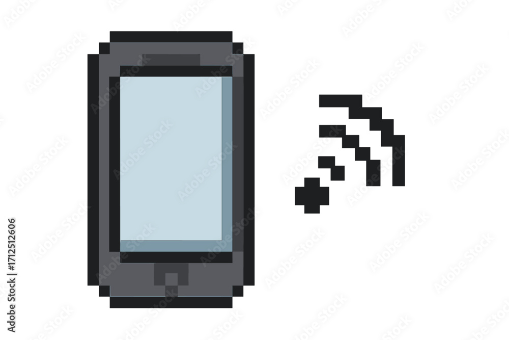 Aufkleber pixel art smartphone icon with wifi signal. 8-bit mobile phone symbol for retro game. wireless conne