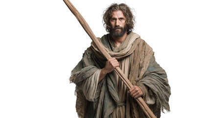 Andrew the Apostle full body on transparent background, calm biblical disciple holding cross symbol, isolated New Testament character PNG.
