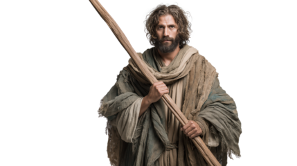 Andrew the Apostle full body on transparent background, calm biblical disciple holding cross symbol, isolated New Testament character PNG.