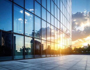 Fototapeta premium Modern Glass Building Reflecting Sky and Sunset Light Exterior View with Geometric Fa?ade and Urban Landscape Reflecting on Windows in Cityscape Background