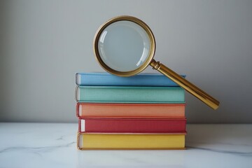 A stack of colorful books topped with a vintage, gold-rimmed magnifying glass on a white marble surface, offering a sense of discovery.