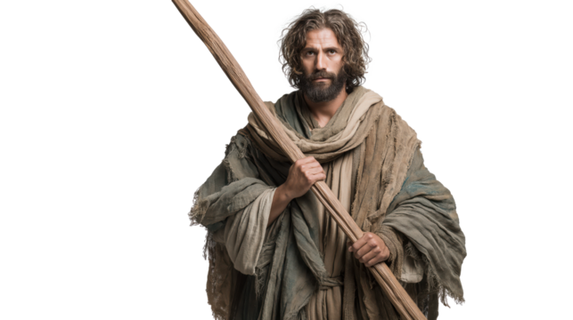 Andrew the Apostle full body on transparent background, calm biblical disciple holding cross symbol, isolated New Testament character PNG.