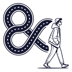 Man walking with road shaped ampersand in black